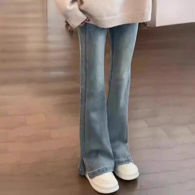 浅蓝色开叉微喇牛仔裤女2025春季新款大码胖mm高腰弹力喇叭拖地裤