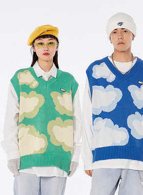 Ravenous云朵毛线背心毛衣马甲男女蓝天白云针织衫袁一琦同款