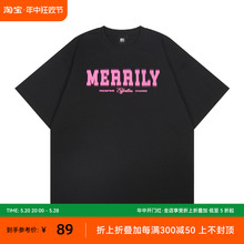 男女同款 情侣 Ravenous联名Merrily虚幻字母印花t恤宽松圆领短袖