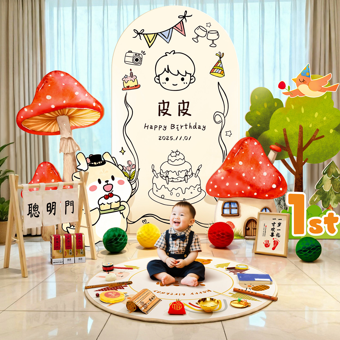 龙宝宝森系周岁生日氛围布置男女孩抓周蘑菇场景装饰定制背景kt板,节庆用品/礼品,气球,淘宝优惠券,粉丝福利购,淘宝优惠卷