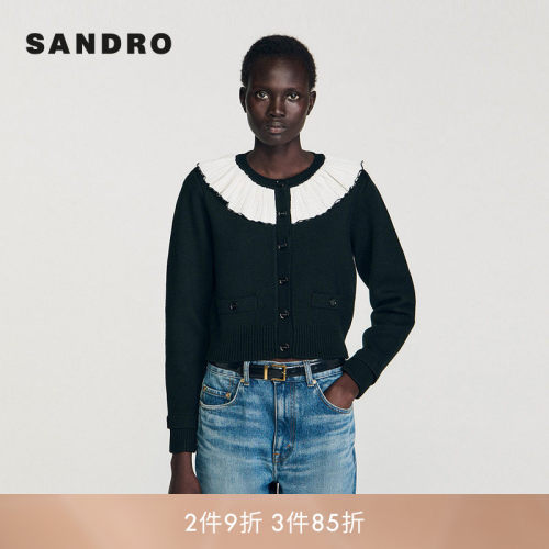 SANDRO Outlets女装法式时尚拼接撞色荷叶领黑色短款长袖针织开衫