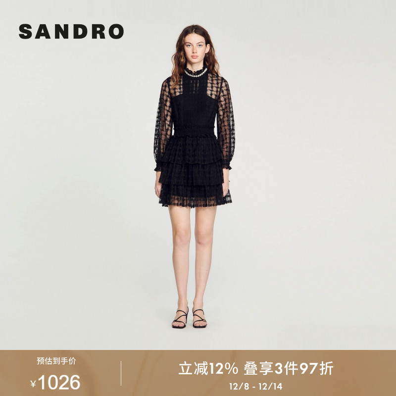 SANDRO高领荷叶边蕾丝连衣裙