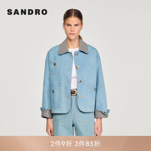 SANDRO Outlets 女装简约蓝色格纹撞色翻领单排扣休闲牛仔短外套