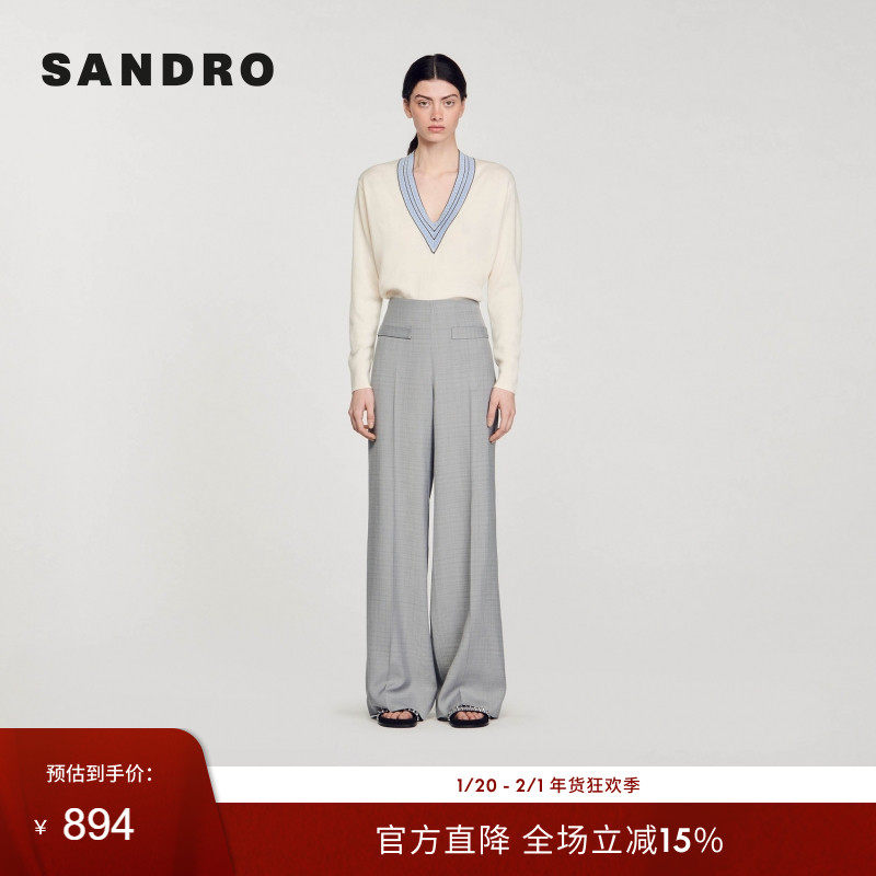 SANDRO Outlets秋冬女装法式口袋盖拉链浅灰色垂感高腰阔腿长裤,女装/女士精品,休闲裤,淘宝优惠券,粉丝福利购,淘宝优惠卷