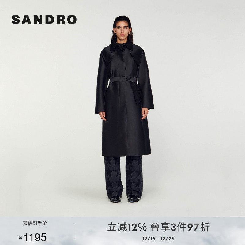 SANDRO收腰系带黑色风衣