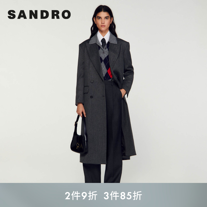 SANDRO双排扣长款毛呢外套