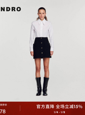SANDRO Outlets秋冬女装法式气质时尚黑色A字型短款花呢半身裙