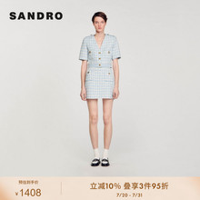 SANDRO Outlets24春秋女装蓝色花呢格子V领系扣短外套SFPVE00961