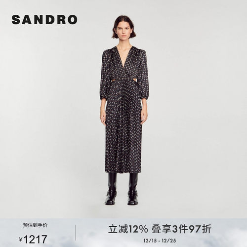 SANDRO法式露腰印花长款连衣裙