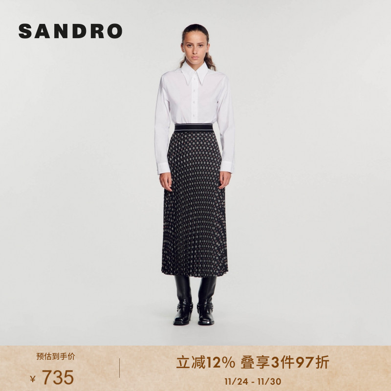 SANDRO时尚百褶黑色半身长裙