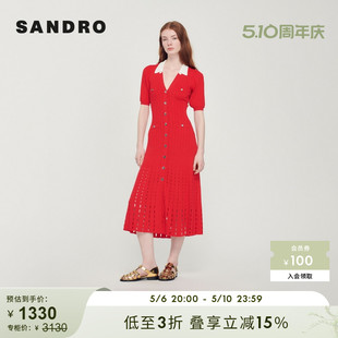 V领收腰针织红色连衣裙长裙SFPRO02742 法式 Outlet春秋女装 SANDRO