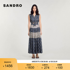 SANDRO Outlets24夏季款女装印花翻领无袖长款连衣裙SFPRO03749