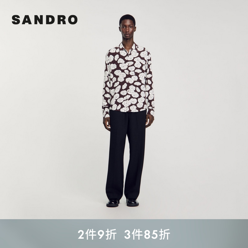 SANDRO Outlets秋冬男装时尚宽松棕黄色白色印花翻领直筒长袖衬衫