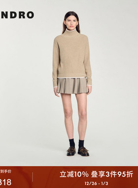 SANDRO Outlets秋冬女装法式气质时尚白色花边领高领针织衫上衣