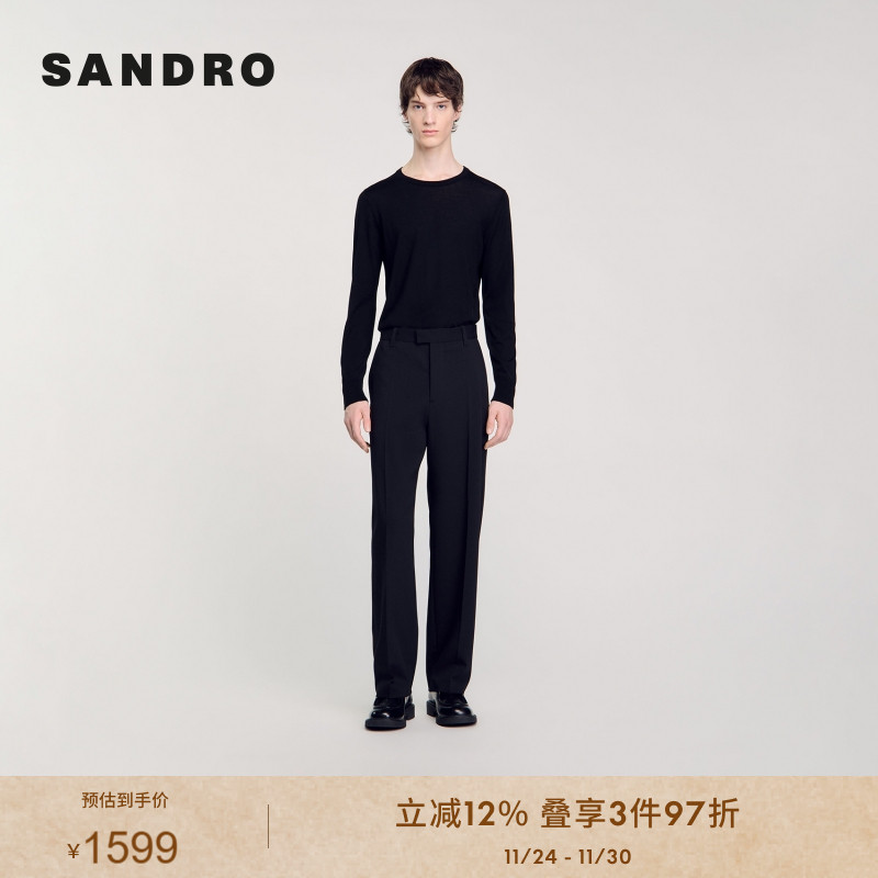 SANDRO Outlets秋冬男装法式休闲简约绵羊毛黑色直筒商务休闲长裤