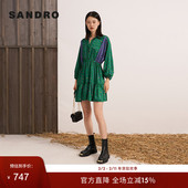 SANDRO 绿色印花图案可松紧腰连衣裙 复古时尚 Outlets秋冬女装 法式