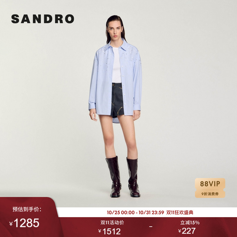 SANDRO Outlets秋冬女装法式气质时尚棉质蓝色优雅钻饰格纹衬衫