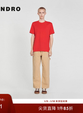 胶囊系列|SANDRO Outlets春秋男装休闲简约红色圆领T恤SHPTS01387