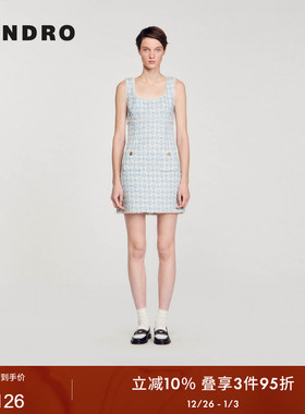 SANDRO Outlets秋季女装法式时尚温柔蓝色花呢背心短款连衣裙