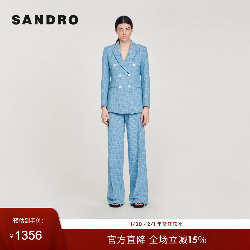 SANDRO Outlets秋冬女装法式时尚优雅蓝色格纹戗驳领垫肩西装外套,女装/女士精品,西装,淘宝优惠券,粉丝福利购,淘宝优惠卷