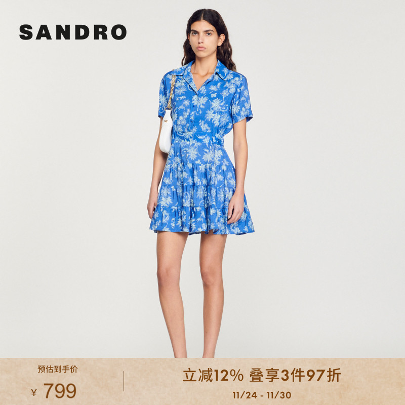 SANDRO Outlets夏季女装法式荷叶边碎花亚麻混纺连衣裙SFPRO02897