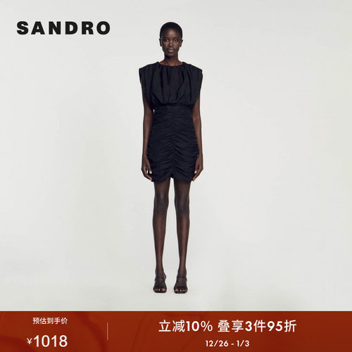SANDRO法式黑色褶皱无袖连衣裙