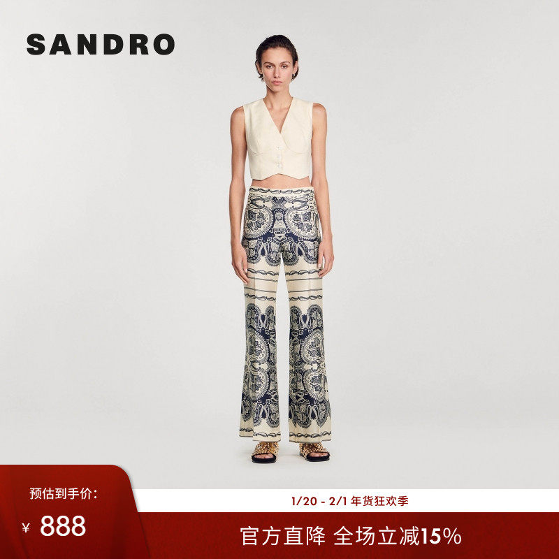 SANDRO Outlets春夏女装法式气质时尚复古高腰印花微喇休闲长裤,女装/女士精品,休闲裤,淘宝优惠券,粉丝福利购,淘宝优惠卷