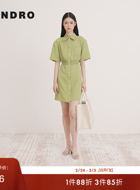 SANDRO Outlets春夏女装法式气质时尚橄榄绿色衬衫领收腰连衣裙