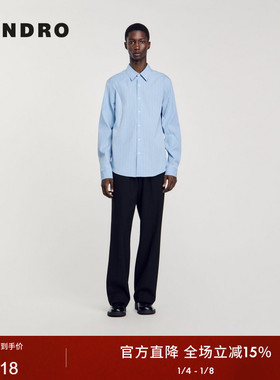 SANDRO Outlets秋冬男装法式时尚休闲棉质天蓝色条纹翻领衬衫上衣