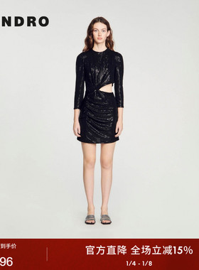 SANDRO Outlets秋冬女装法式时尚黑色亮片装饰腰部镂空连衣裙短裙
