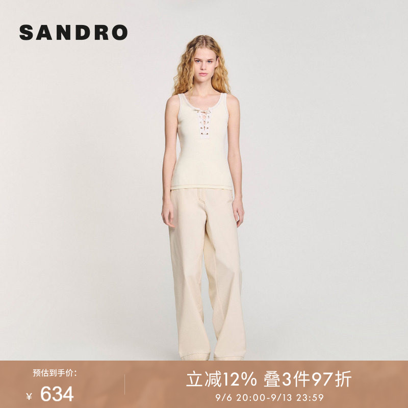 SANDRO Outlets 夏季女装米白色系带舒适内搭修身针织背心上衣图片
