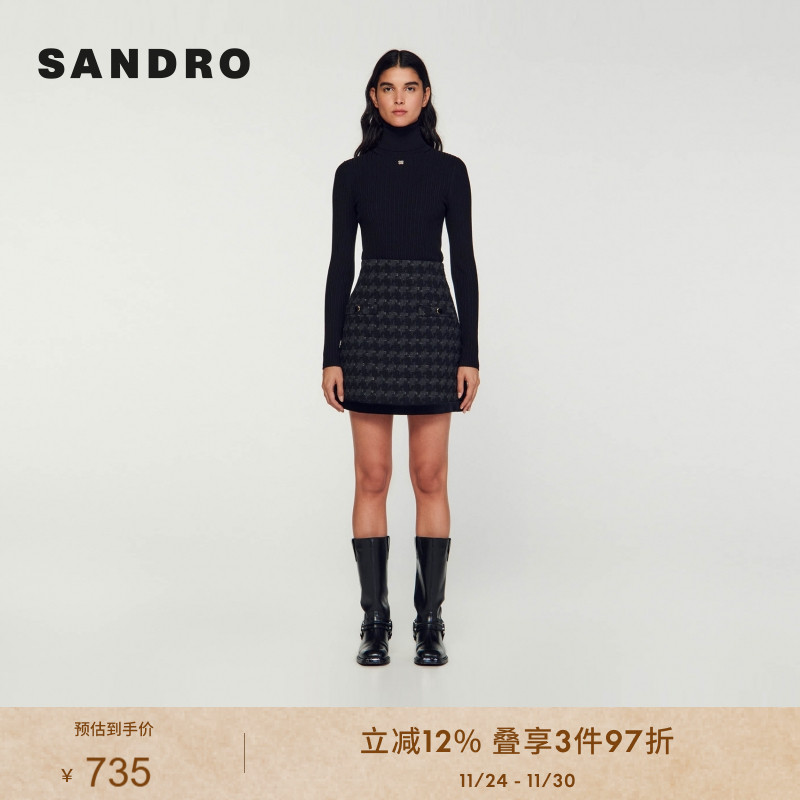 SANDRO高腰花呢千鸟格半身短裙