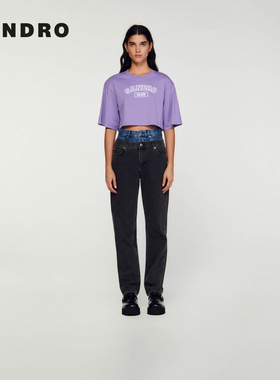 SANDRO Outlets秋冬女装时尚休闲棉质淡紫色品牌标识短款圆领T恤