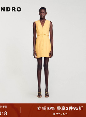 SANDRO Outlets春夏女装法式简约黄色经典V领A字无袖短款连衣裙