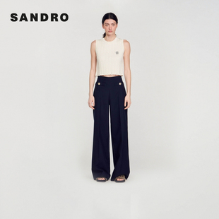 长裤 SANDRO 通勤羊毛混纺深蓝色高腰阔腿西装 法式 Outlets秋冬女装