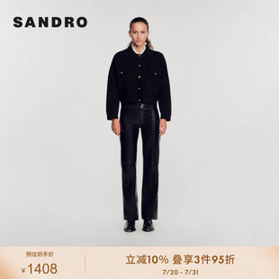 上衣SFPCA00838 SANDRO Outlets女装 黑色短款 菱形纹休闲针织开衫