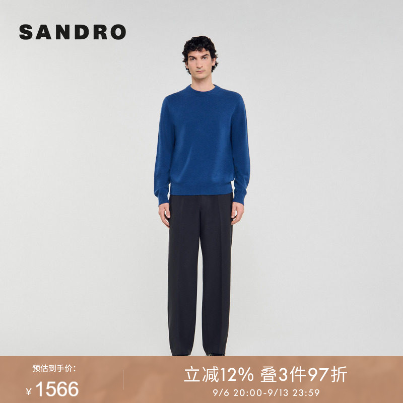 SANDRO Outlets男装法式时尚羊绒深蓝色气质圆领套头针织衫上衣图片