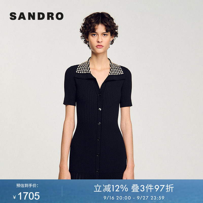 SANDRO Outlets夏季女装法式优雅黑色仿珠饰竖排扣短袖针织连衣裙图片