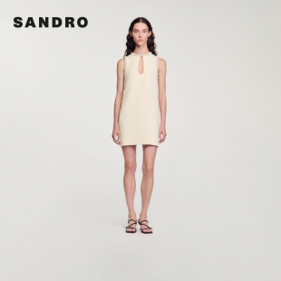 时尚 法式 优雅米白色仿钻圆领镂空连衣裙 Outlets秋冬女装 SANDRO