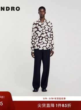 SANDRO Outlets秋冬男装时尚宽松棕黄色白色印花翻领直筒长袖衬衫