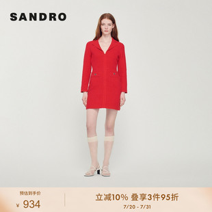 长袖 SANDRO 红色收腰短款 Outlets女装 针织连衣裙SFPRO02776 法式