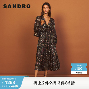 连衣裙SFPRO02091 V领优雅气质印花桑蚕丝长款 Outlet女装 SANDRO