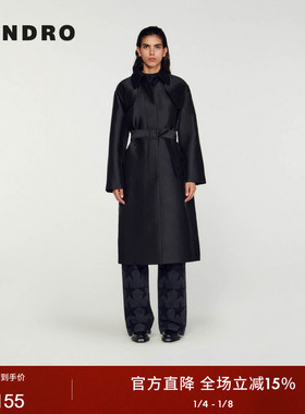 SANDRO Outlets秋冬女装法式简约气质黑色系带光泽感风衣长款外套
