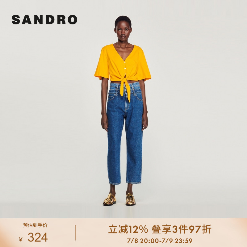 SANDRO Outlets女装春季法式休闲宽松V领系带短袖T恤SFPTS01261