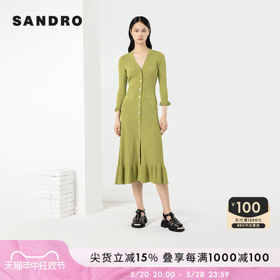 SANDROOutlet女装薄荷曼波绿色收腰针织连衣裙长裙SFPRO02997