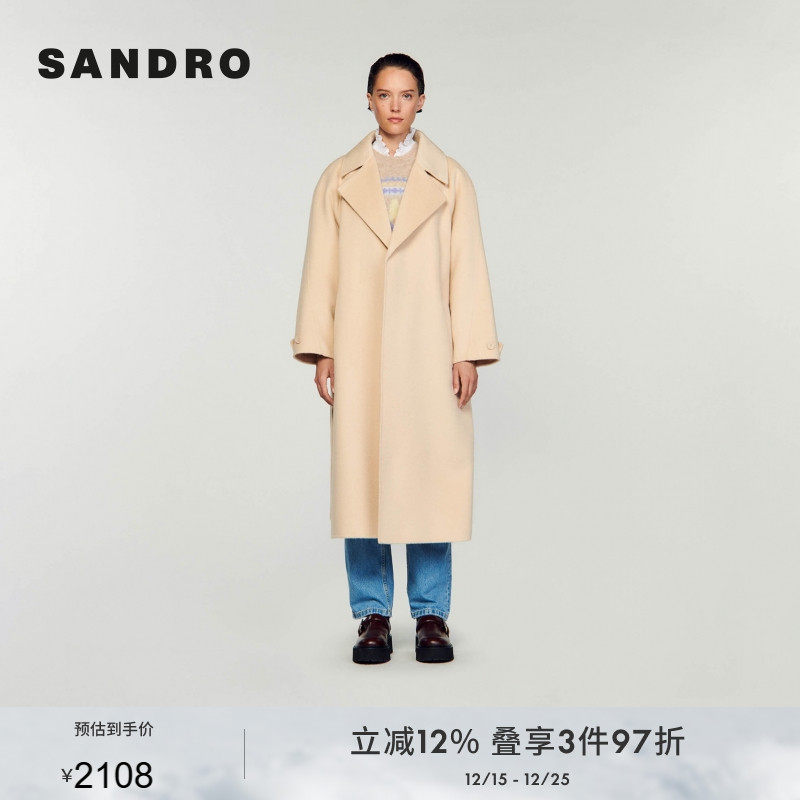 SANDRO气质翻领系带毛呢大衣外套
