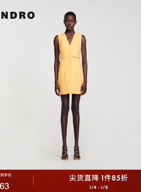 SANDRO Outlets春夏女装法式简约黄色经典V领A字无袖短款连衣裙