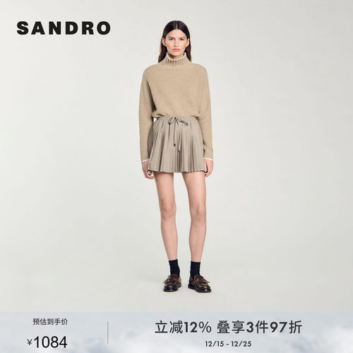 SANDRO Outlets秋冬女装法式时尚复古千鸟格带优雅百褶半身短裙