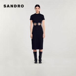 短袖 优雅气质黑色腰部仿钻镂空修身 连衣裙 Outlets春秋女装 SANDRO