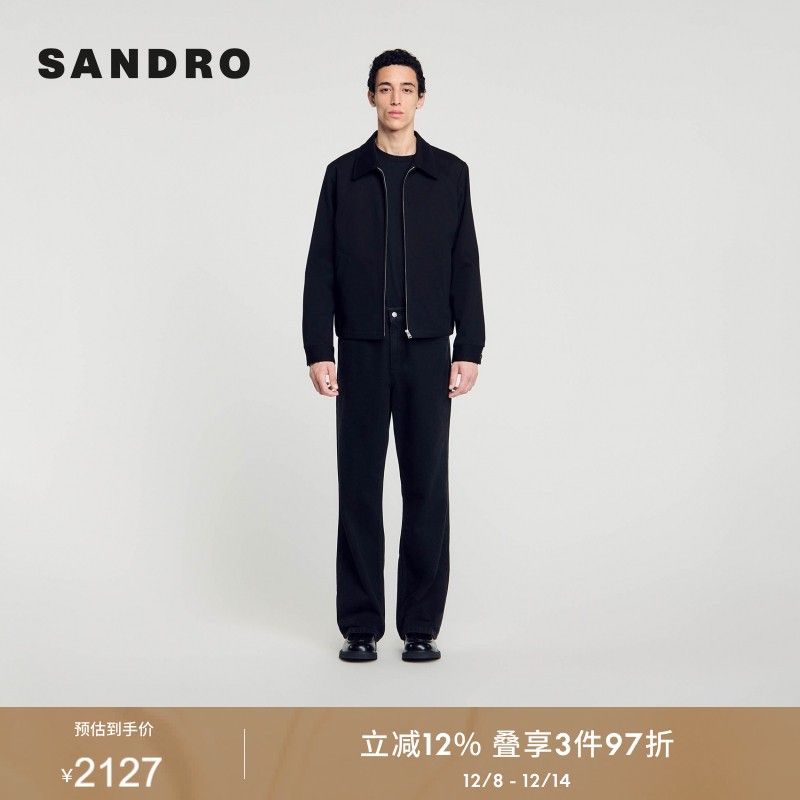 SANDRO Outlets秋冬男装法式时尚通勤棉质黑色翻领拉链夹克外套